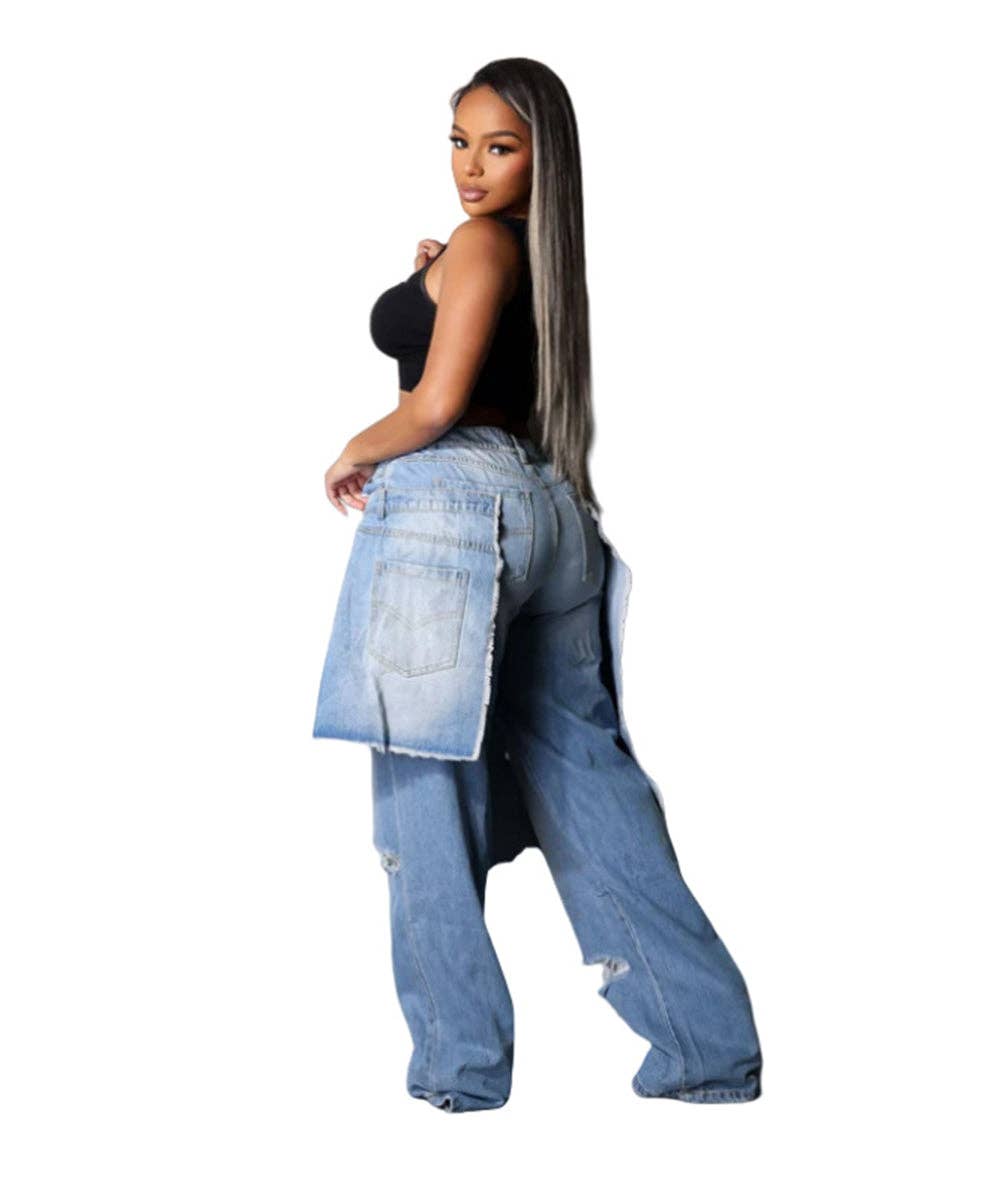 Aria   light Blue Apron Frayed Hem Straight Leg Pant