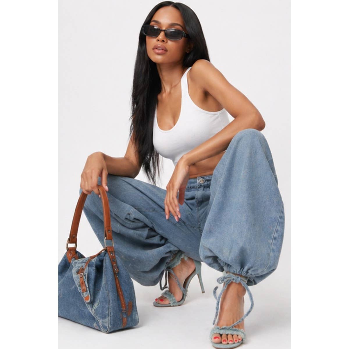 Washed Denim Ankle Drawstring Balloon Jeans: LIGHT BLUE / S-M-L(2-2-2)