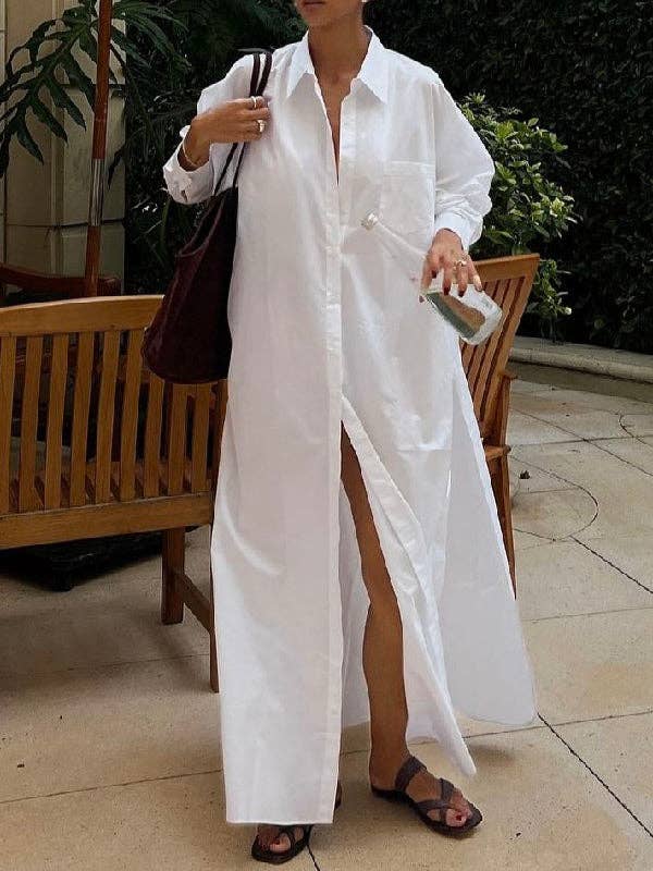 Long Sleeves Loose Buttoned Solid Color Split-Side Lapel Maxi Shirt Dress: WHITE / XL
