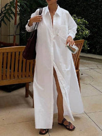 Long Sleeves Loose Buttoned Solid Color Split-Side Lapel Maxi Shirt Dress: WHITE / S