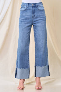 STRAIGHT LEG BOYFRIEND FIT CUFFED JEANS -LT DENIM