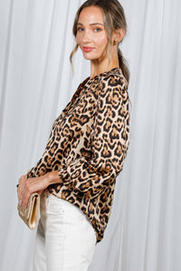 Henley Neck Elastic Smocked Leopard Print Blouse VT31377T: Brown / M