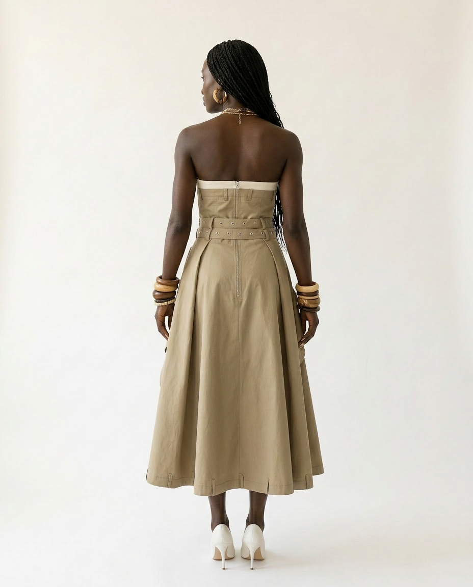 Audacious Strapless Belted Maxi Dress: KHAKI / S