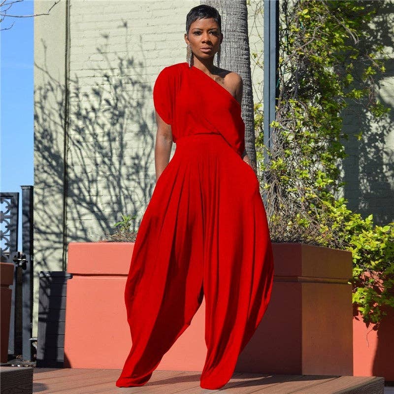 Solid Color Off Shoulder Jumpsuit Harem Pants: Red / L