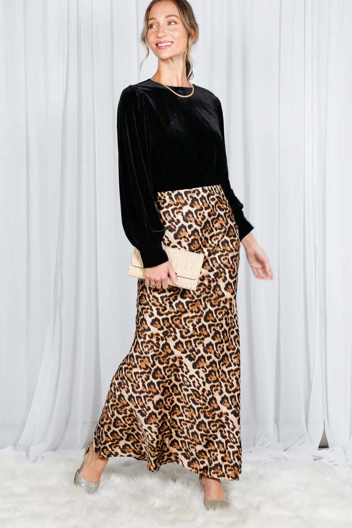 Henley Neck Elastic Smocked Leopard Print Blouse or  Leopard Print Bias Cut Satin Maxi Skirt