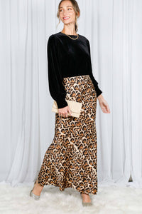 Henley Neck Elastic Smocked Leopard Print Blouse or  Leopard Print Bias Cut Satin Maxi Skirt
