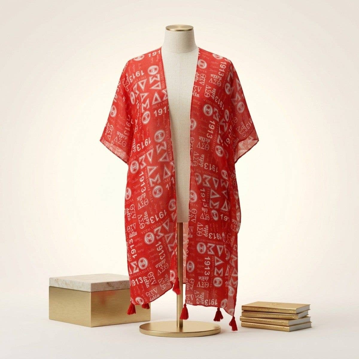 DST Red and White Graphic Print Viscose Kimono: Color: Red and White / Plating: Multi Tone / Size: 34 x 34 inches