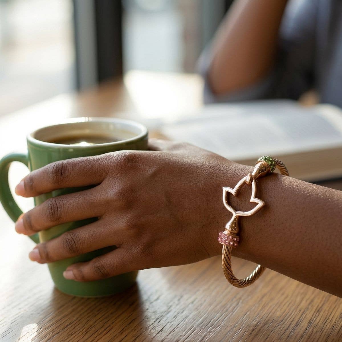 AKA Gold Cable Interlock Bangle: Pink and Green / Gold / 8 inches