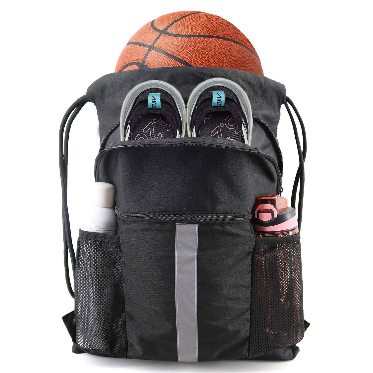 Drawstring Bag with Water Bottle Holder and Pockets Gym Bag: Black