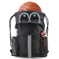 Drawstring Bag with Water Bottle Holder and Pockets Gym Bag: Black