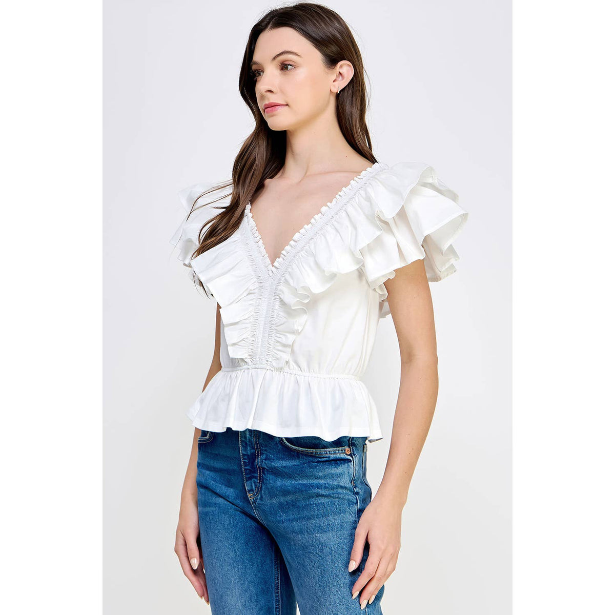 Riley Ruffled Poplin Detail Knit Top: Lilac or Off White