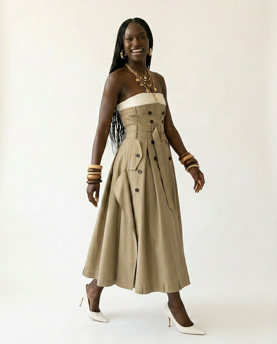 Audacious Strapless Belted Maxi Dress: KHAKI / S