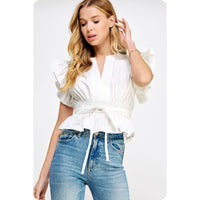 Carmen Flutter Sleeve Peplum Poplin Top:  Cantaloupe or Off White