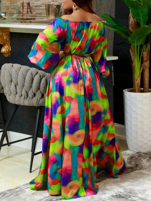 Puff Sleeves Printed Tied Waist Off-The-Shoulder Maxi Dresses: GREEN / XL