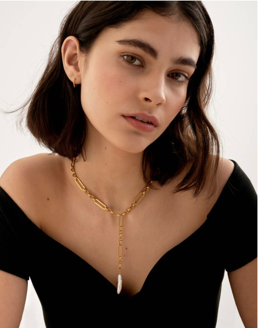 Allure Waterproof Gold Pearl Lariat Necklace
