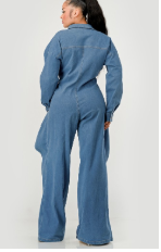 Athena Denim Belted Wide-leg Jumpsuit