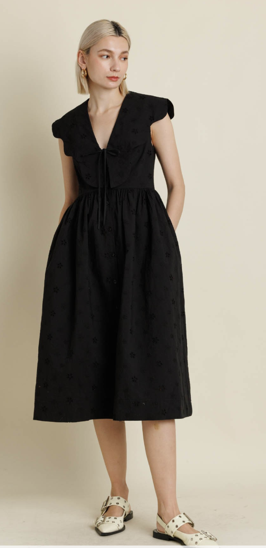 Tana Black Scallop Collar Midi Dress
