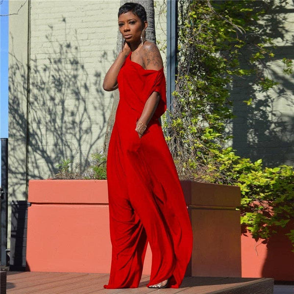 Solid Color Off Shoulder Jumpsuit Harem Pants: Red / L