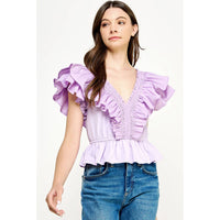 Riley Ruffled Poplin Detail Knit Top: Lilac or Off White