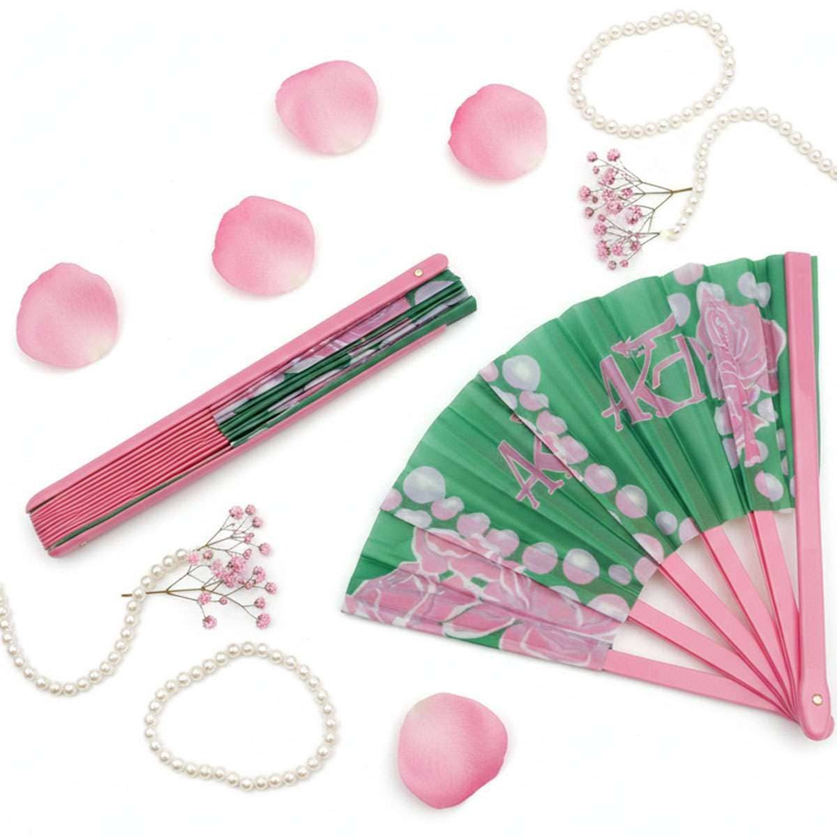 AKA Sorority Large Floral Pearl Print Fabric Fan: Pink and Green / Multi Tone / 13.5 x 25 inches