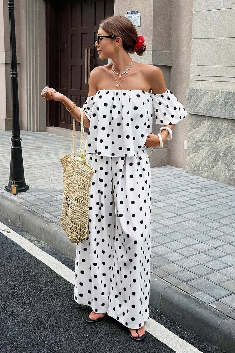 CWSTB01204_CASUAL POLKA DOT OFF-SHOULDER TOP AND PANTS SET: WHITE / (L) 1