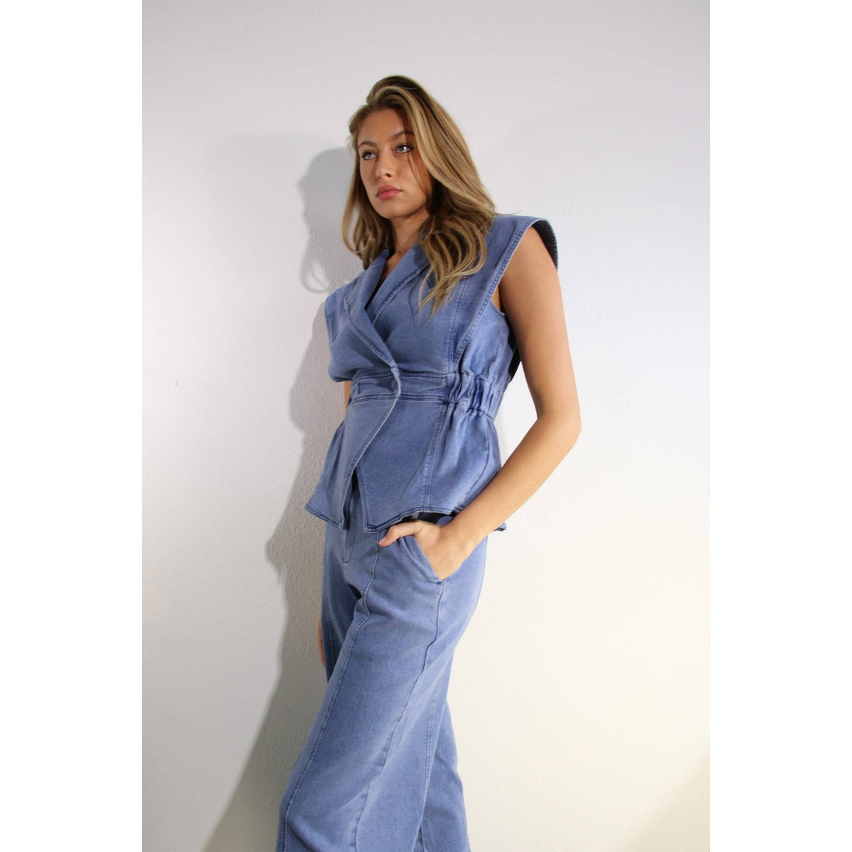 ATHENA STRETCH COLLARED TOP AND PANTS SET in DENIM
