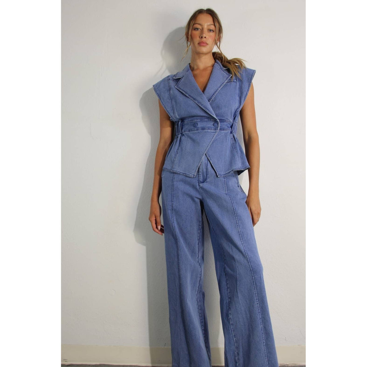 ATHENA STRETCH COLLARED TOP AND PANTS SET in DENIM