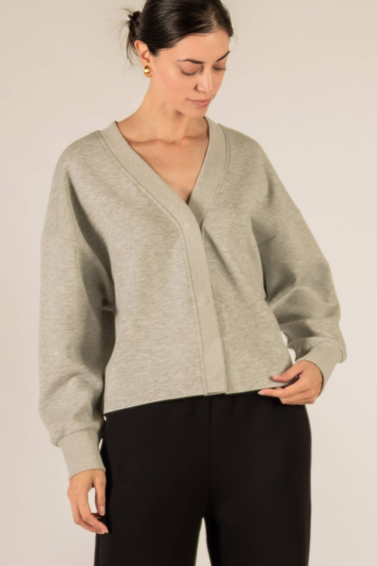 P. CILL Butter Modal Rib Contrast Oversized Cropped Cardigan: H.Grey