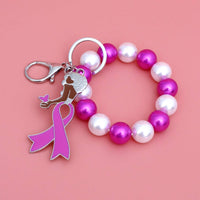 Breast Cancer Awareness Keychain Silver Pink Ribbon Mixed Pearl Wristlet