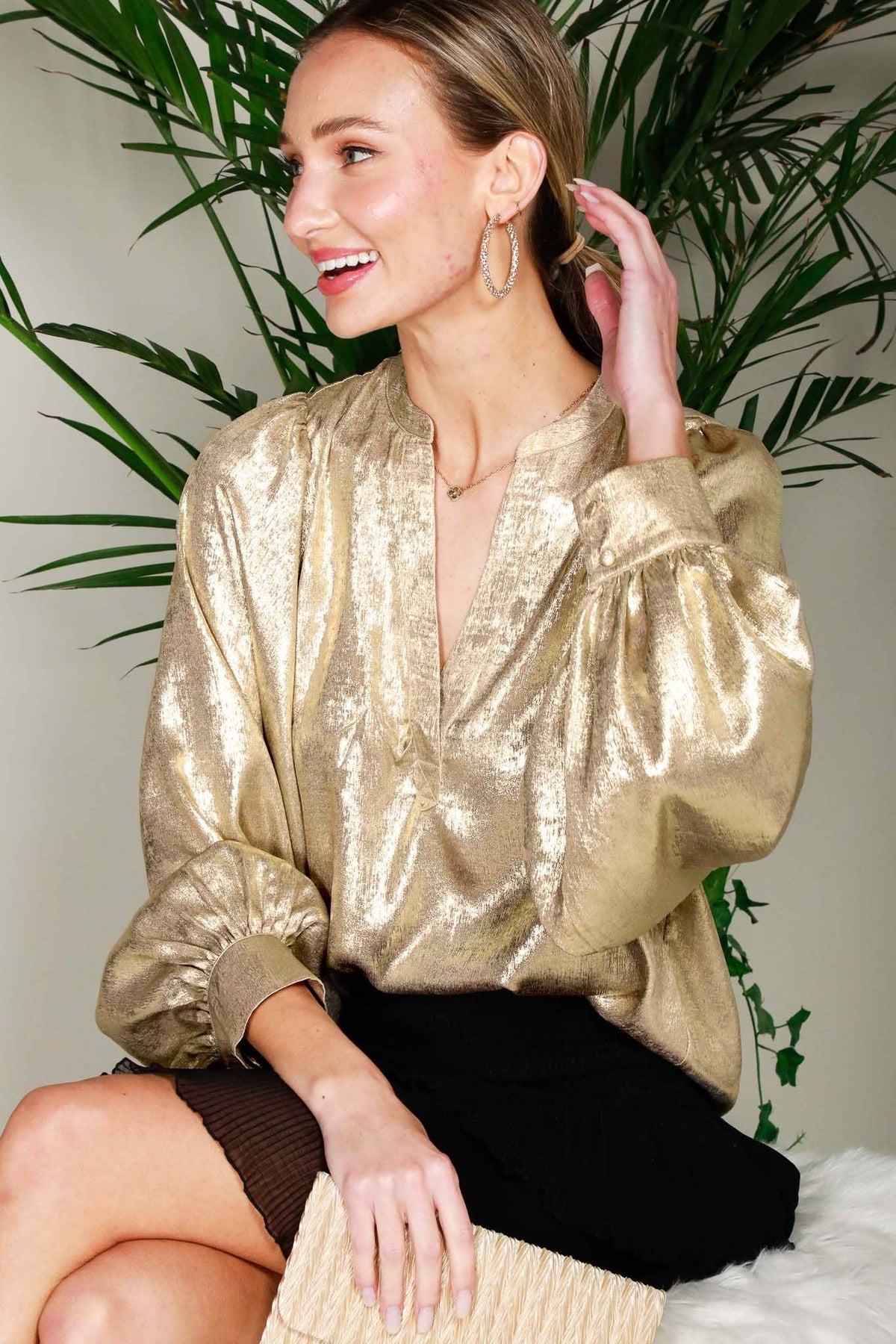 Henley Neck Long Balloon Sleeve Metallic Blouse Top  Metallic Gold