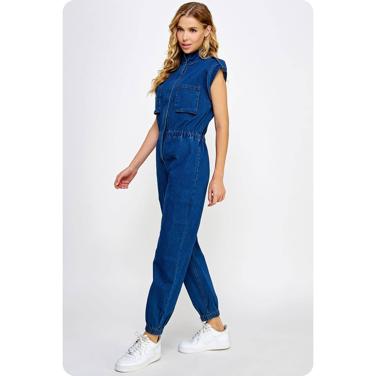 Kyra High Neck Sleeveless Denim Jumpsuit: Denim and Black Denim