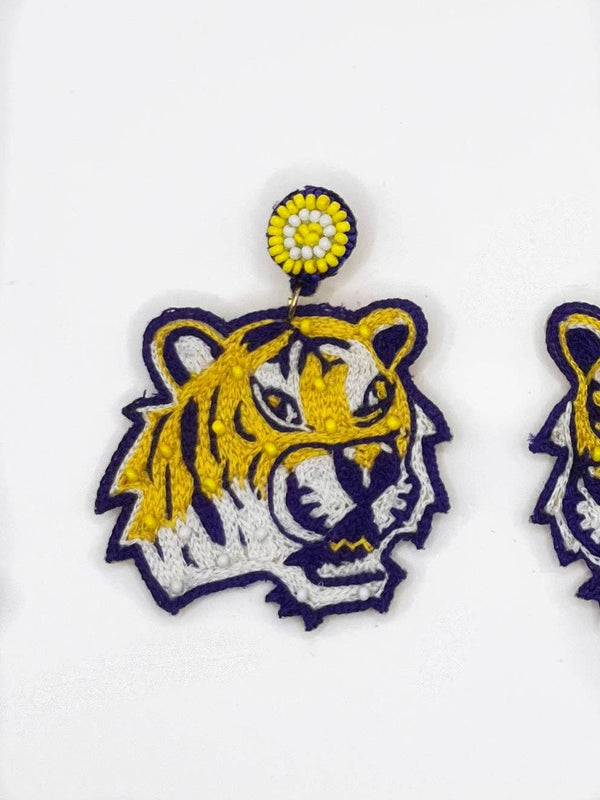 Purple and Gold TIGER Beaded Statement Earrings, Purple and Gold, LSU,