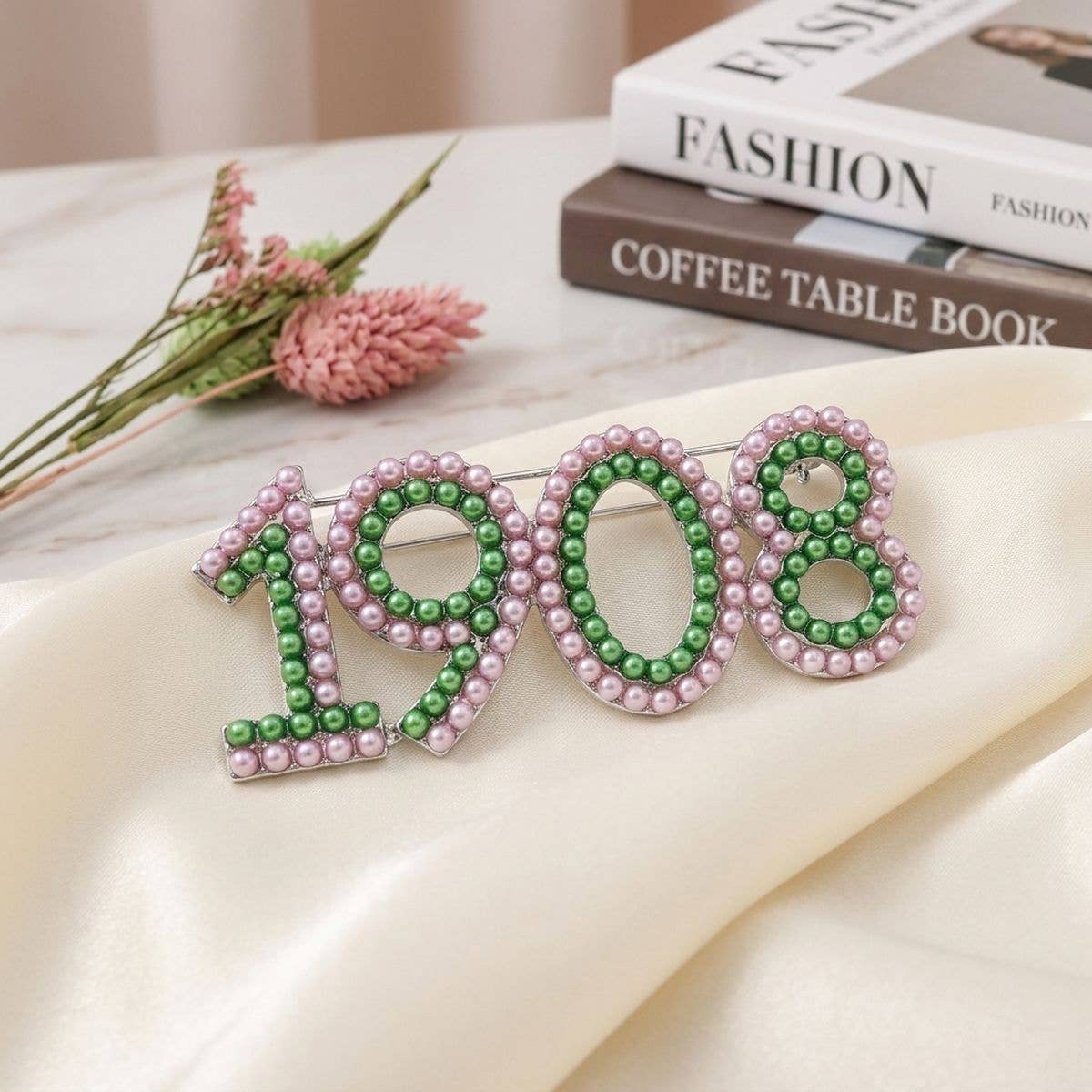 Alpha Kappa Alpha 1908 Pink Green Pearl Brooch Pin: Pink and Green / Rhodium / 1.25 x 2.85 inches