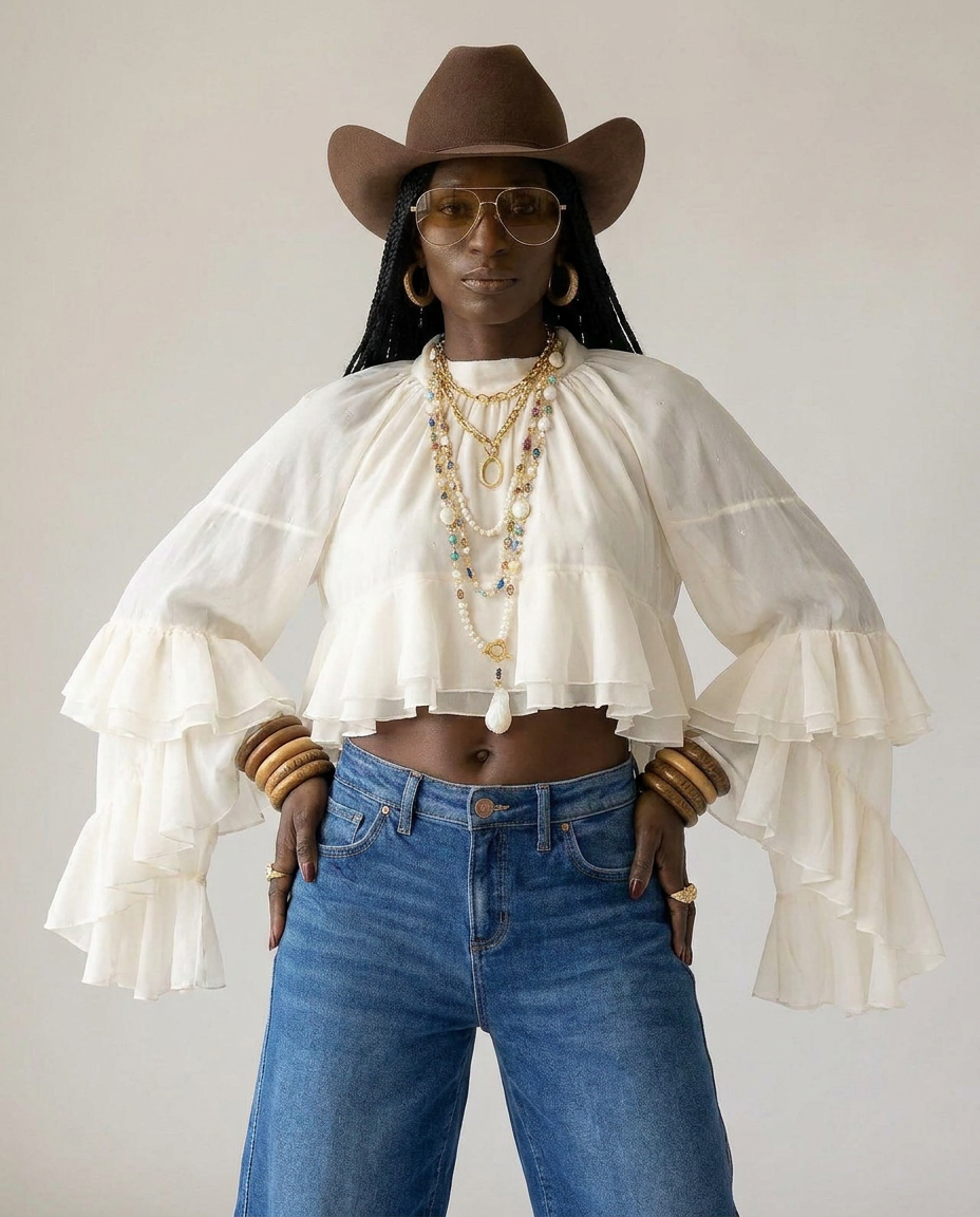 Radiant Mesh Lace Flare Blouse: Off-white / S