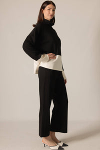 P. CILL Butter Modal Color Block Mock Neck Top: Black-Ivory