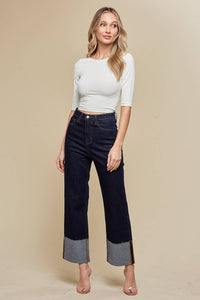 STRAIGHT LEG BOYFRIEND FIT CUFFED JEANS- DARK DENIM