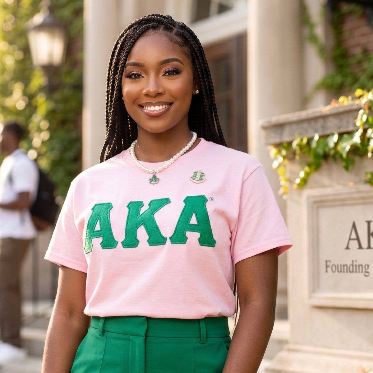 AKA Embroidered Patch L T-Shirt Sorority Apparel: Pink and Green / Multi Tone / Large
