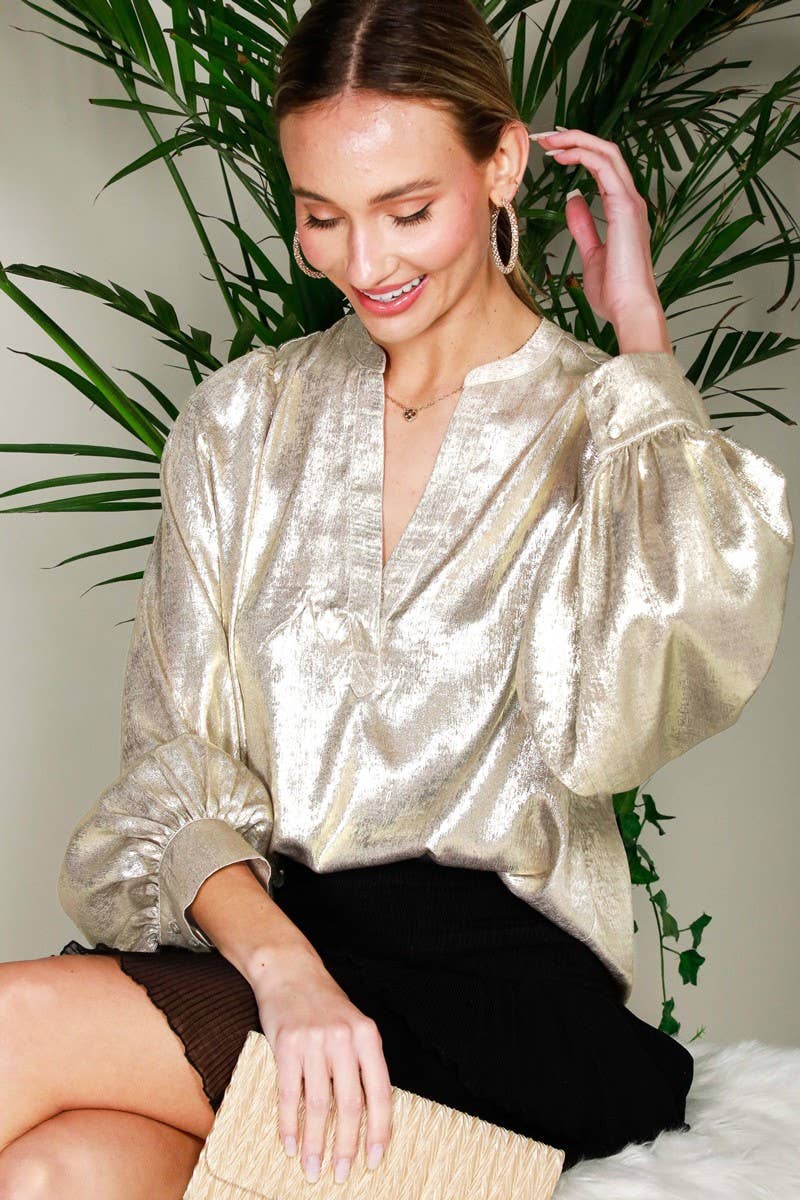 Henley Neck Long Balloon Sleeve Metallic Blouse Top  Metallic Gold