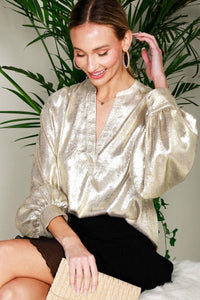Henley Neck Long Balloon Sleeve Metallic Blouse Top  Metallic Gold