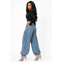 Washed Denim Ankle Drawstring Balloon Jeans: LIGHT BLUE / S-M-L(2-2-2)