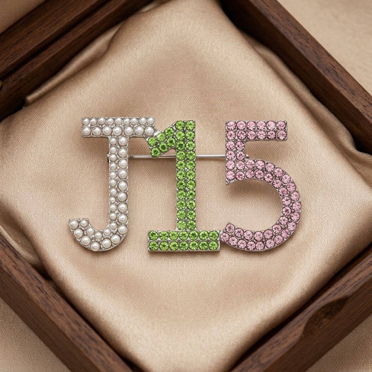 Alpha Kappa Alpha J15 Pearl Rhinestone Brooch: Pink and Green / Rhodium / 1 x 1.85 inches