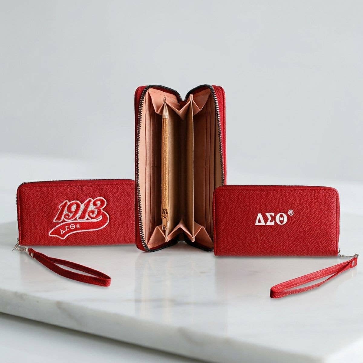 DST Sorority Long Red 1913 Patch Zipper Wallet: Red and White / Faux Leather / 7.75 x 1 x 4 inches