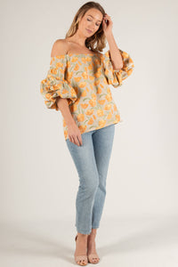 Tulip Jacquard Puff Sleeve Off Shoulder Top: Tangerine Multi
