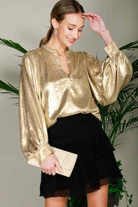 Henley Neck Long Balloon Sleeve Metallic Blouse Top  Metallic Gold