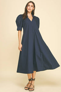 Harriet Navy V-NECK PLEATED A-LINE DRESS