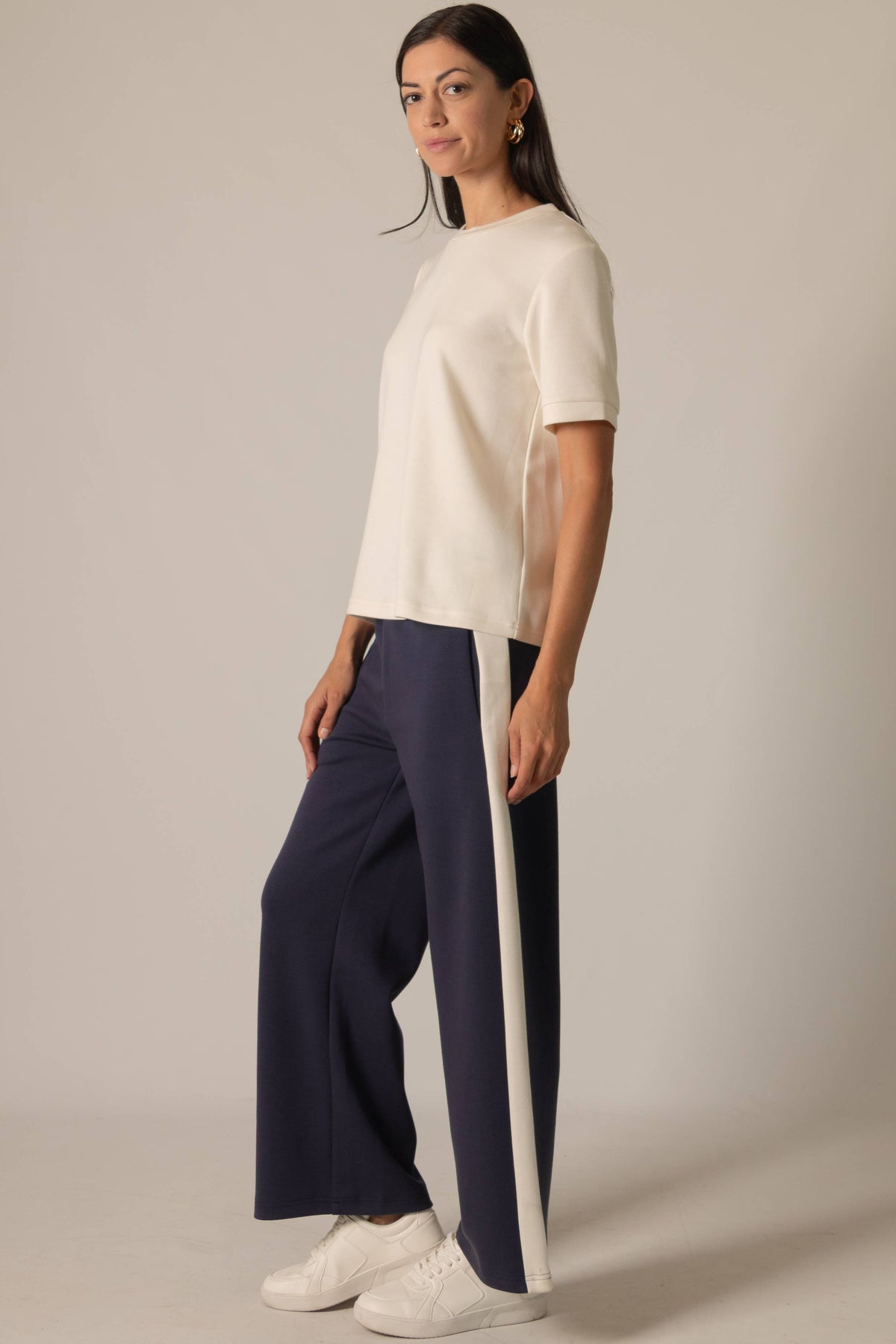 P. CILL Butter Modal Side Stripe Wide Leg Pants: Black / Small
