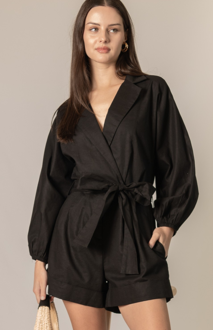 P.CILL Linen Blend Long Sleeve Wrap Style Romper