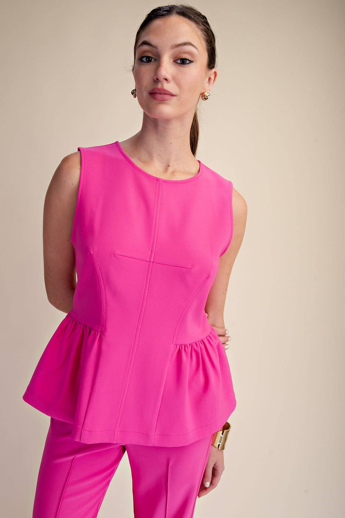 Peplum Top Round Neck Stitch Detail : White / S