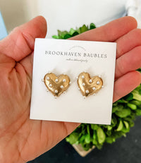 Gold Pearl Heart Statement Studs - Valentine's Xoxo
