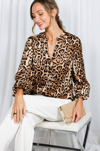 Henley Neck Elastic Smocked Leopard Print Blouse VT31377T: Brown / L